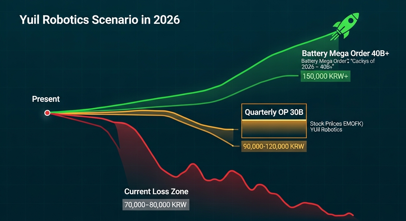 Yuil Robotics 2026 scenario chart three paths. Bottom baseline current loss zone red. Middle path quarterly OP 30B stable orange box range 90000-120000 KRW. Upper path battery mega order 40B+ green rocket 150000 KRW plus. Lower path miss below 15B descent 70000-80000 KRW. Three branching lines from single present point teal dark background English.