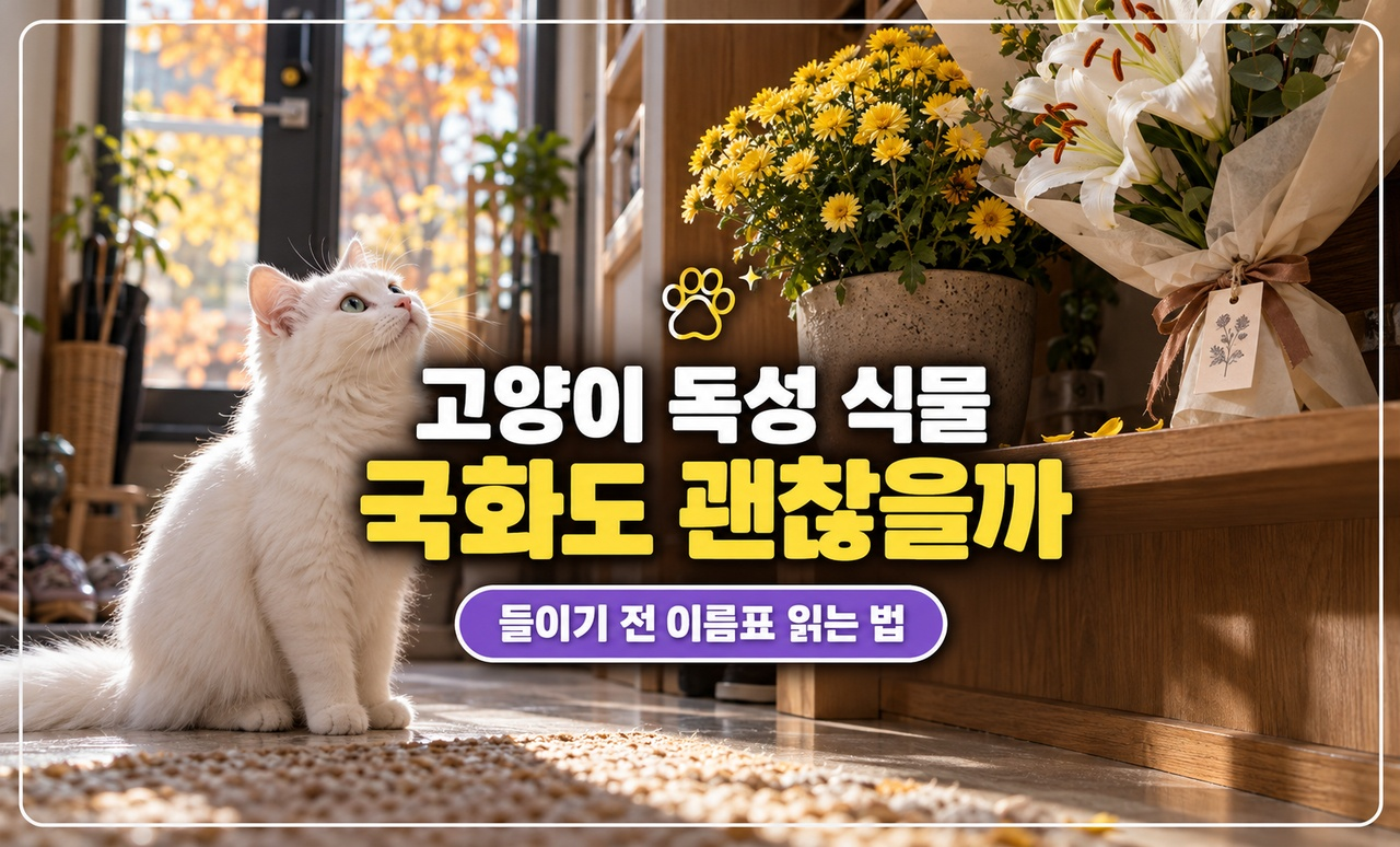 현관 선반 위 국화 화분과 백합 꽃다발을 올려다보는 흰 고양이