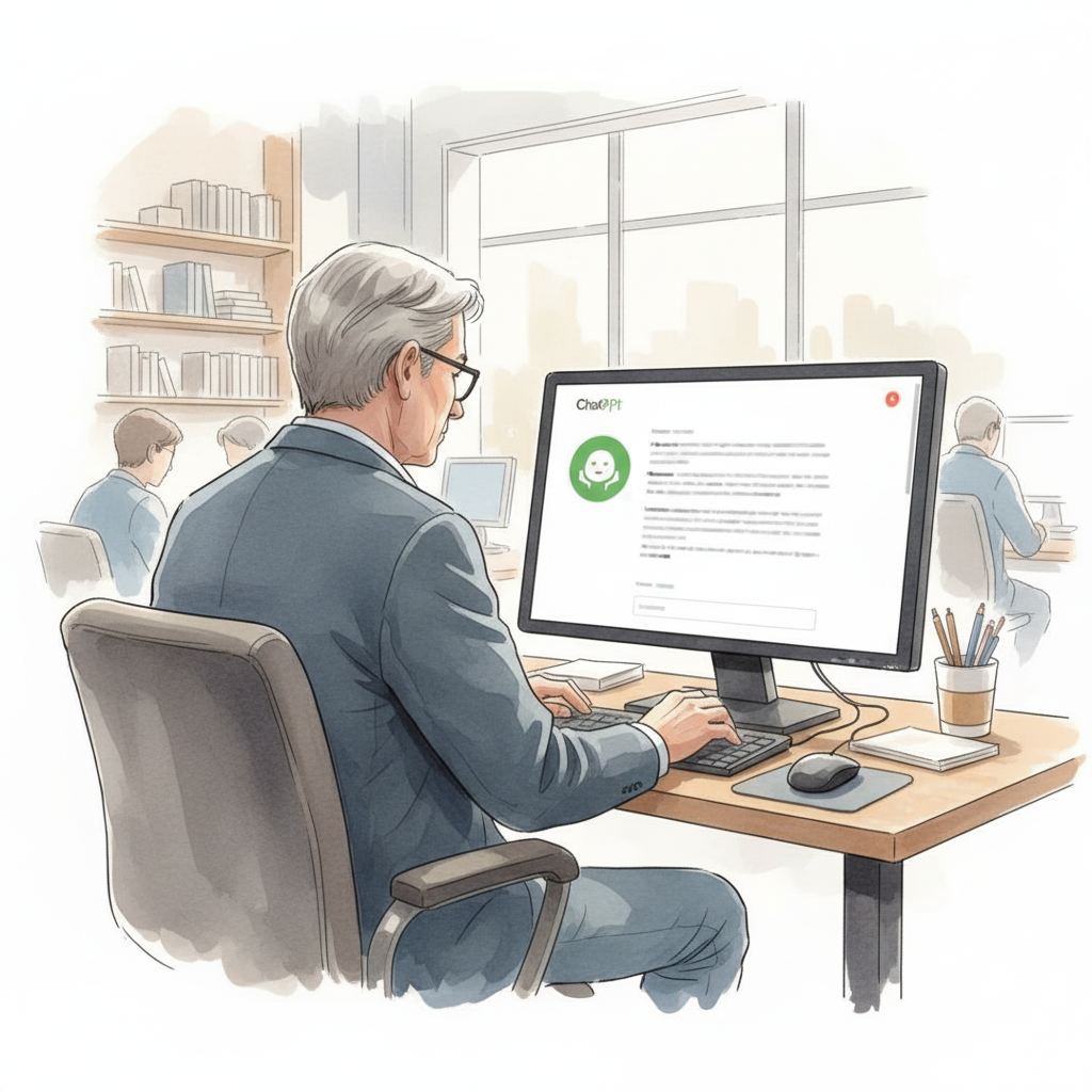 이미지 출처: AI 생성 이미지(콘텐츠 이해를 돕기 위한 시각 자료)
본 이미지는 실제 인물을 특정하지 않은 AI 생성 이미지로,
AI 도구를 활용해 정보를 검색하고 문서를 작성하는 업무 환경을 표현한 이미지