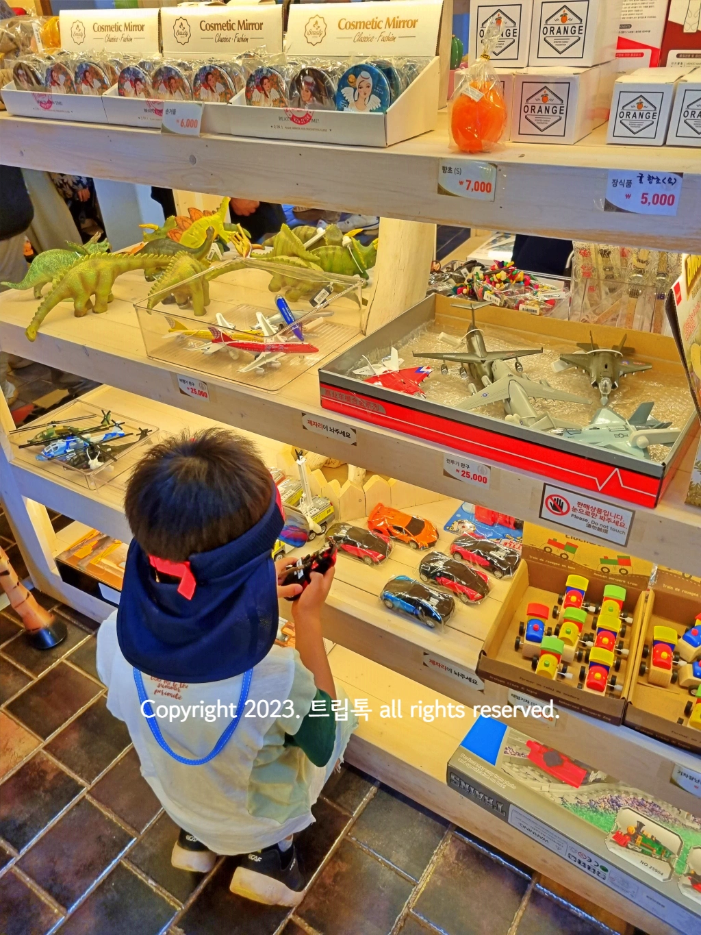 진열대에 자동차&amp;#44;비행기&amp;#44; 공룡 등이 있고 그걸 보는 아이