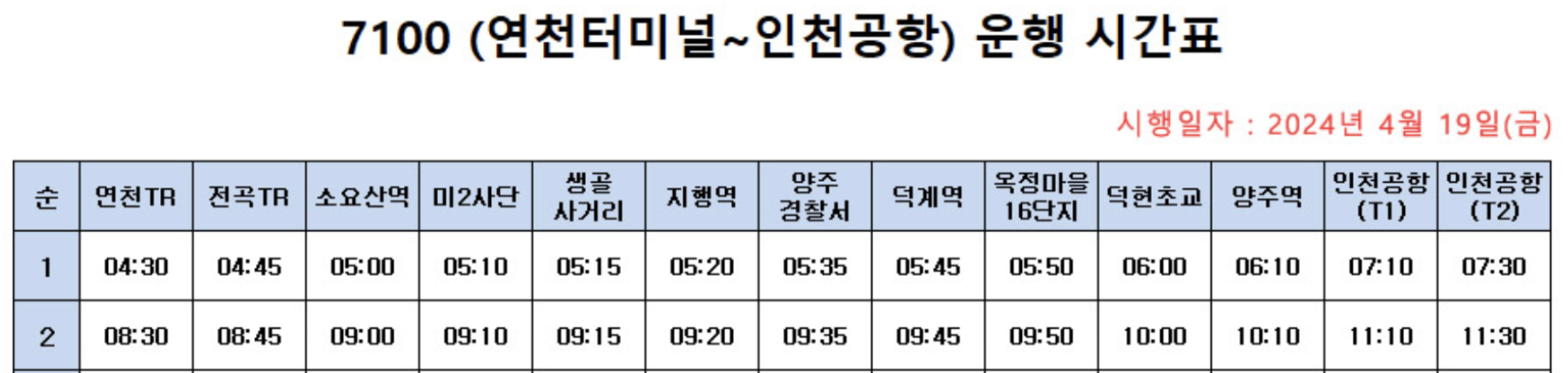 7100 공항버스 예매 시간표 리무진 버스 7100번 예약 (연천터미널 전곡터미널 소요산역 미2사단 지행역 양주경찰서 덕계역 옥정마을 덕현초교 양주역 / 연천터미널~인천공항)