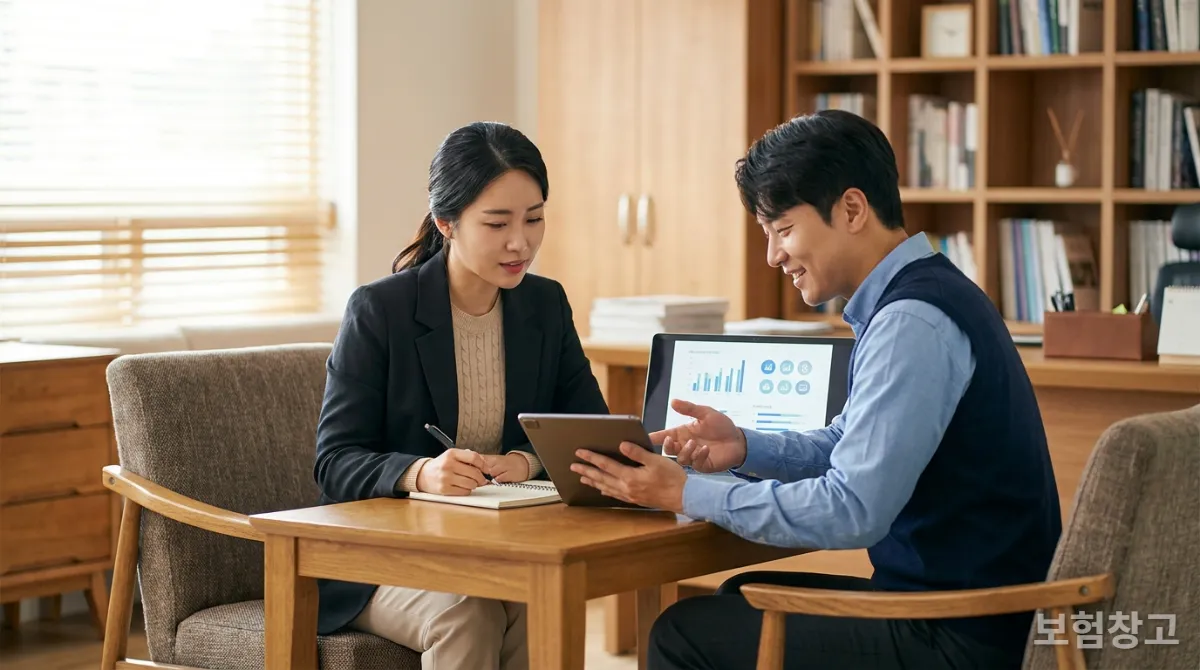 보험 전문가와 건강보험 상담을 받는 젊은 한국 여성