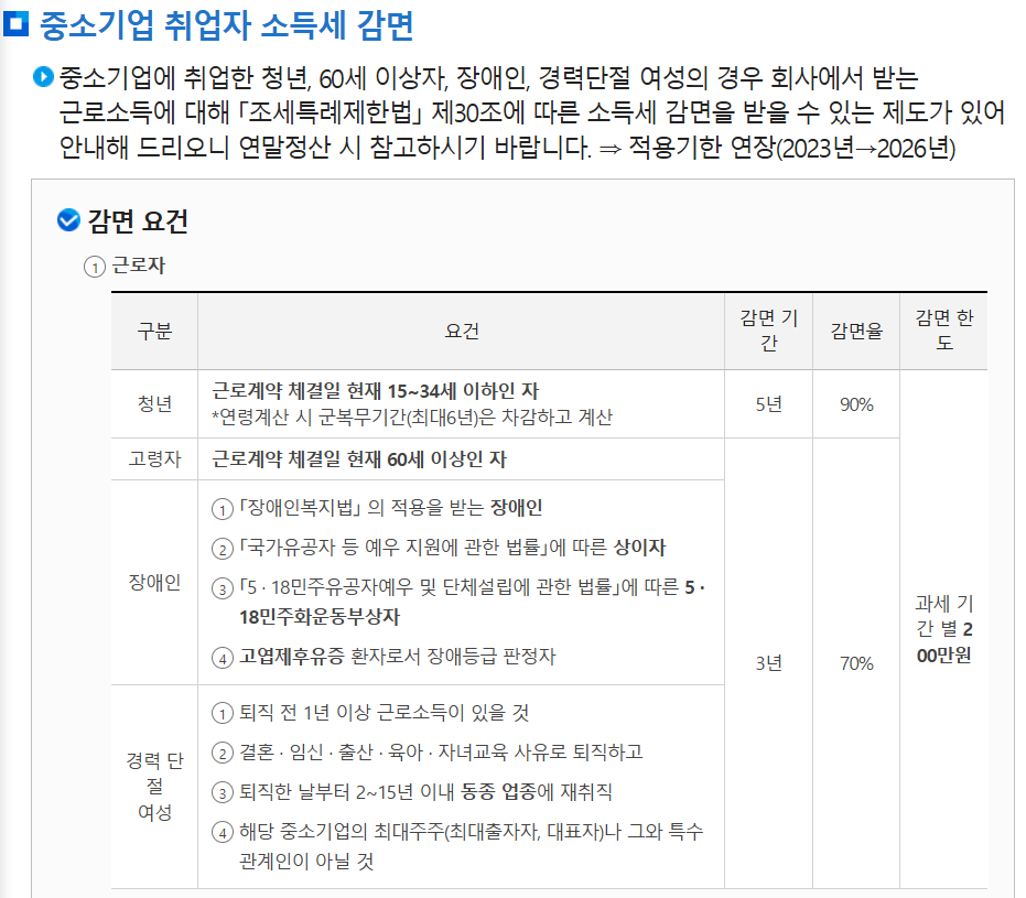 중소기업 취업자 세금감면