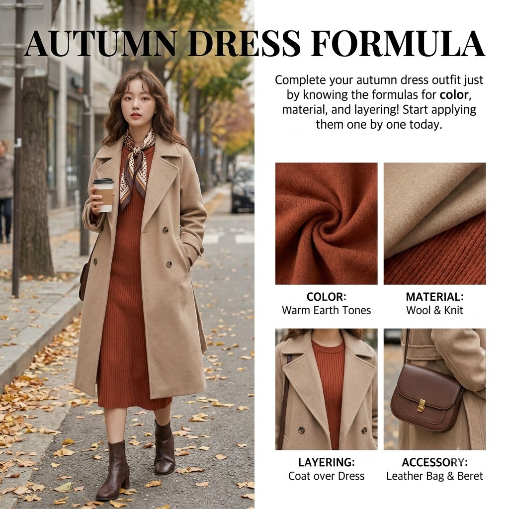 A Korean woman standing confidently in a chic aubergine-toned dress with autumn-appropriate layering, surrounded by soft autumn leaves falling, warm cinematic lighting, fashion editorial cover-style composition, elegant and polished mood