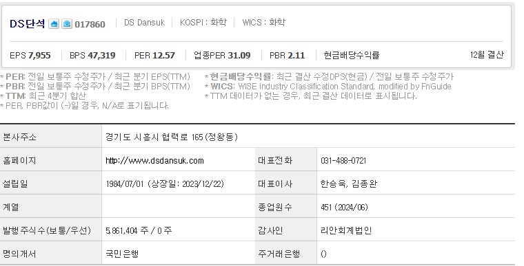 DS단석 주가 기업개요 (1105)