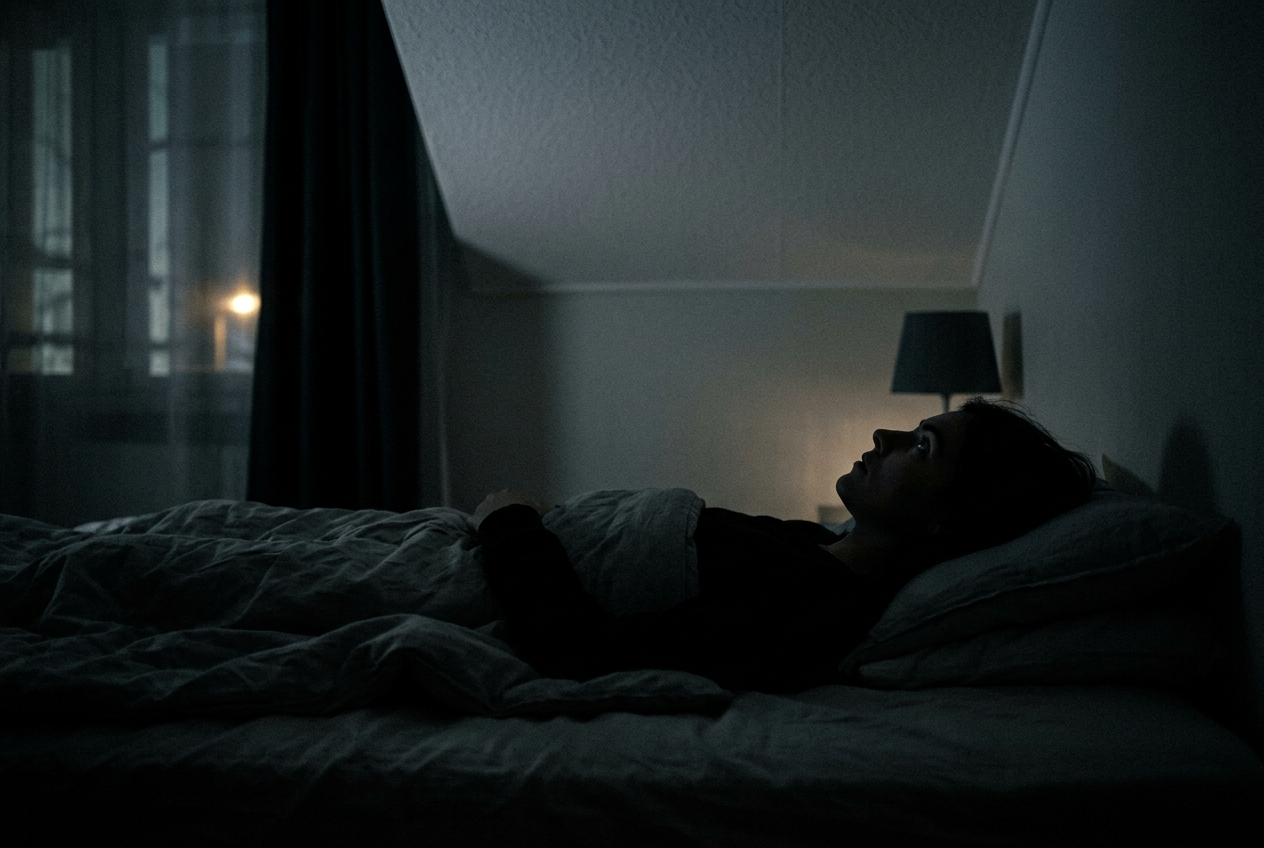 침대에 누워 잠들지 못하고 눈을 뜬 채 천장을 바라보는 사람의 실루엣