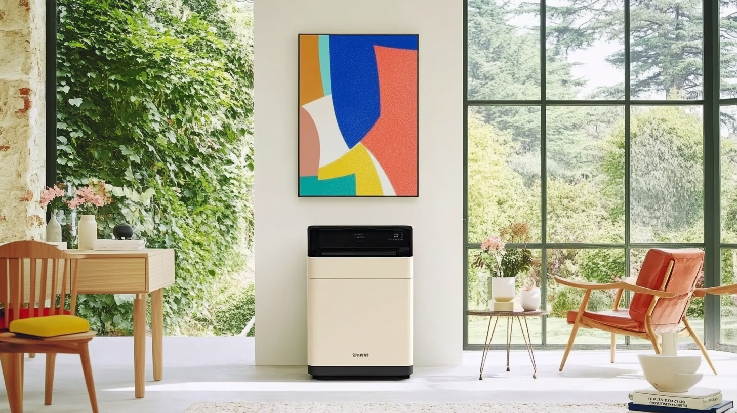 새틴 베이지 색상의 삼성 WF2522HDKKP 세탁기와 건조기가 조화를 이루며 고급스러운 인테리어 속에 배치된 모습