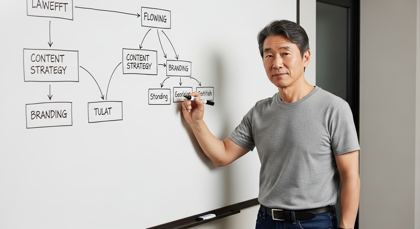 콘텐츠 브랜딩 흐름을 다이어그램으로 설명 중인 남성