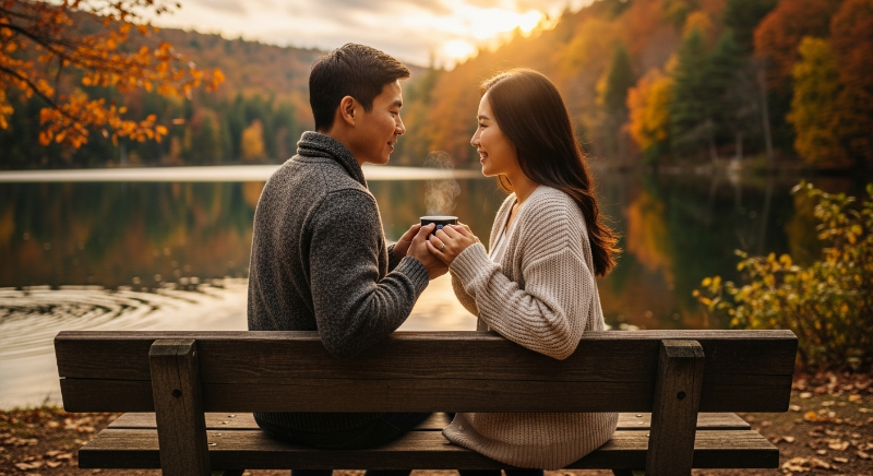 서울 근교의 고즈넉한 호수를 배경으로 가을 단풍 아래에서 따뜻한 커피를 마시며 다정하게 눈을 맞추는 커플.