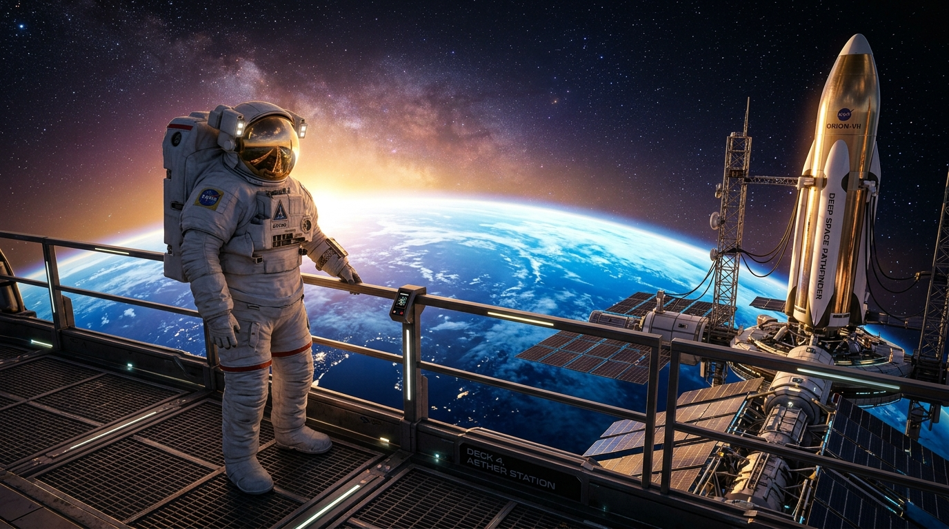 우주복을 입은 투자자가 지구를 내려다보며 황금빛 스페이스X 로켓에 탑승하려는 이미지