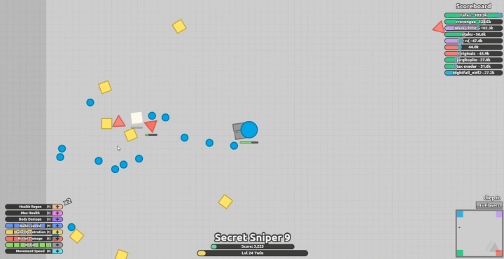 탱크키우기-게임하기-다이피오(Diep.io)-플레이-포탄을-발사하여-도형을-파괴하고-경험치를-획득하는-화면