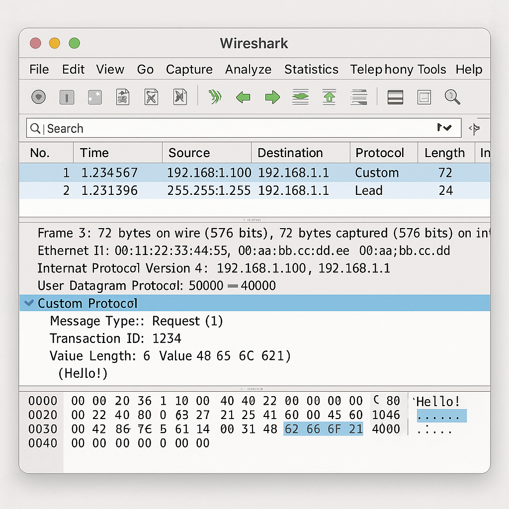 Wireshark에서 커스텀 루아 프로토콜 디코더로 분석된 네트워크 패킷
