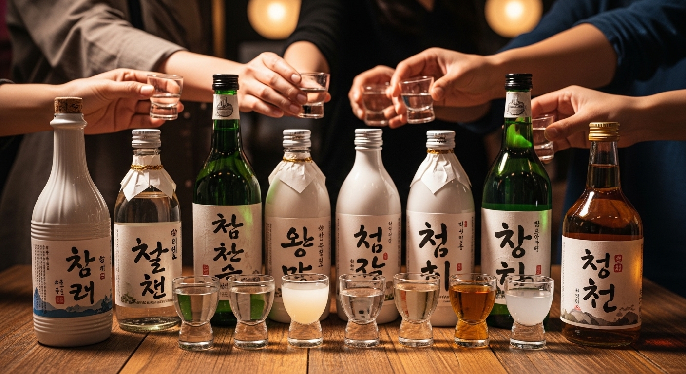 전통주 축제 시음 부스에서 다양한 전통주가 놓인 모습.