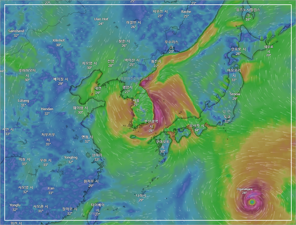 실시간 태풍 위치 확인(2023년 8월 10일 14시 상황, 이미지 Windy)