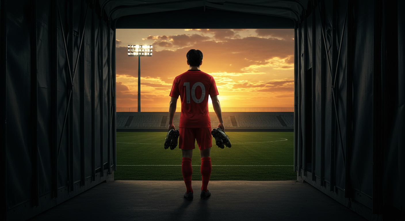 손흥민이 경기장을 떠나는 장면을 상징적으로 표현한 이별 이미지