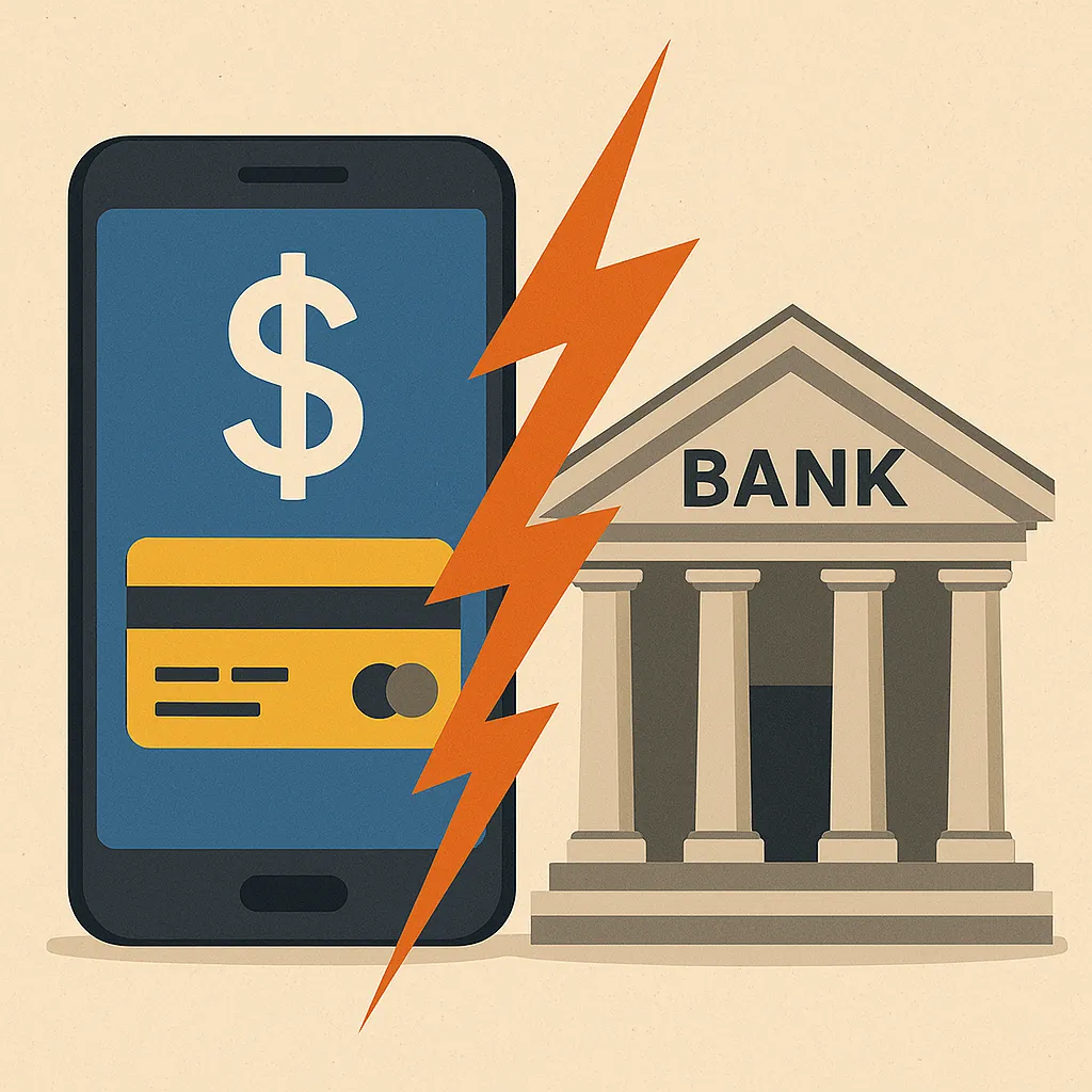 빅테크-금융-서비스가-기존-은행을-위협할-수-있음을-상징적으로-표현한-일러스트-이미지로-스마트폰과-은행-건물이-대조적으로-묘사