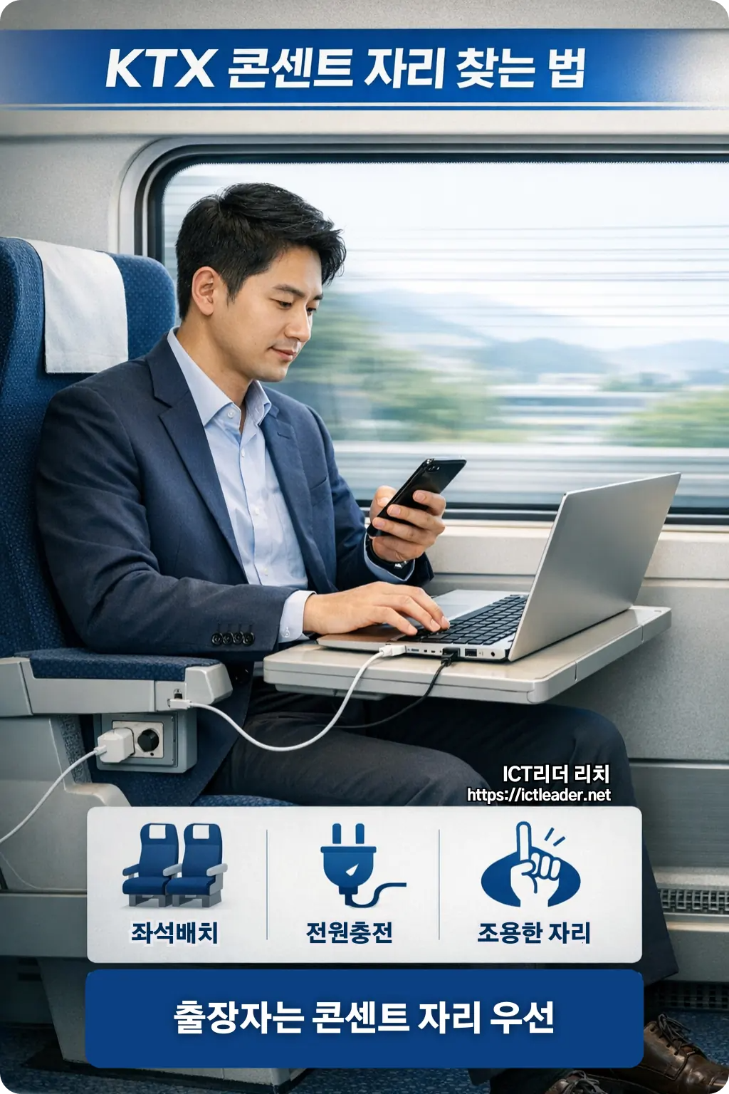 KTX 경부선 창가 좌석에서 콘센트에 노트북을 연결한 채 스마트폰과 함께 업무를 보는 30대 한국인 남성 직장인 실사형 인포그래픽 이미지