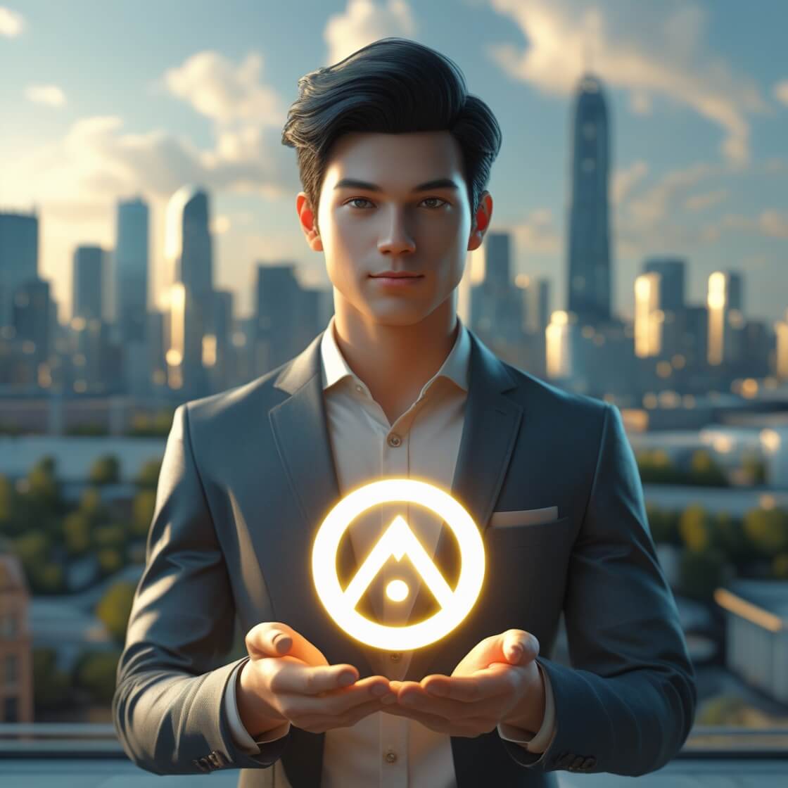 도시 배경 앞에서 자신만의 브랜드 로고를 들고 있는 젊은 전문가