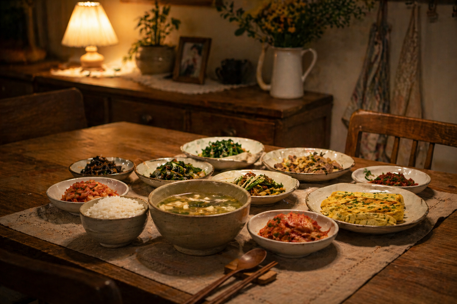 따뜻한 조명 아래 엄마가 정성껏 차려 놓은 집밥 한상과 국, 계란말이, 김치, 나물 반찬이 놓인 저녁 식탁 장면