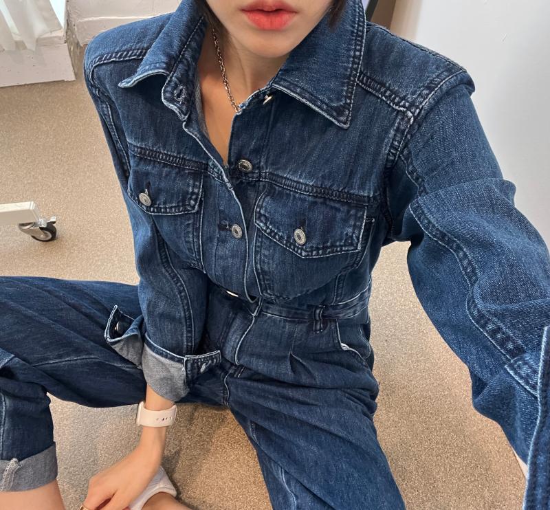 2사이즈 카라 핀턱 데님 점프수트 1color