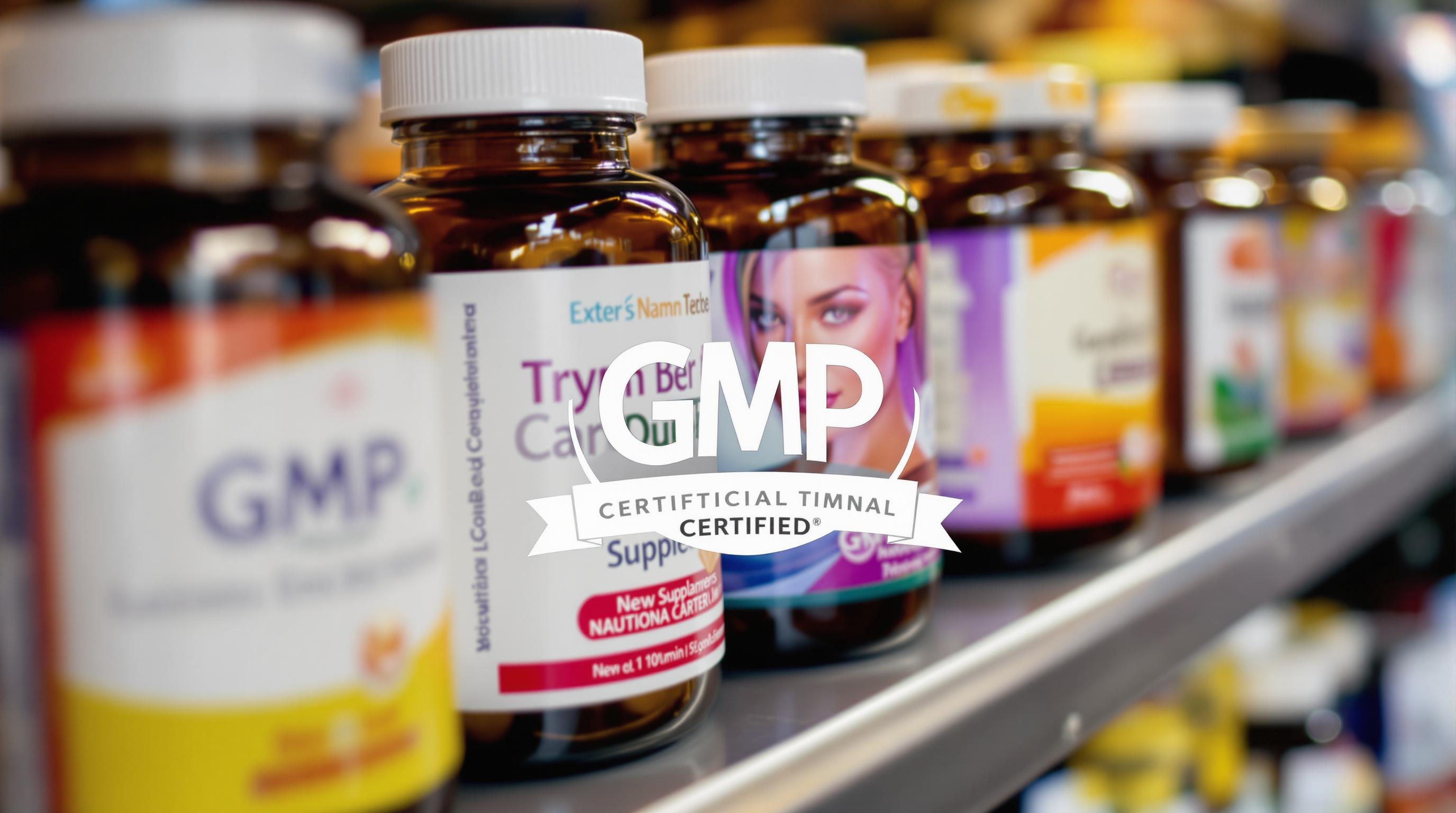 선반에 진열된 다양한 비타민 보충제와 GMP 인증 마크 확대 이미지