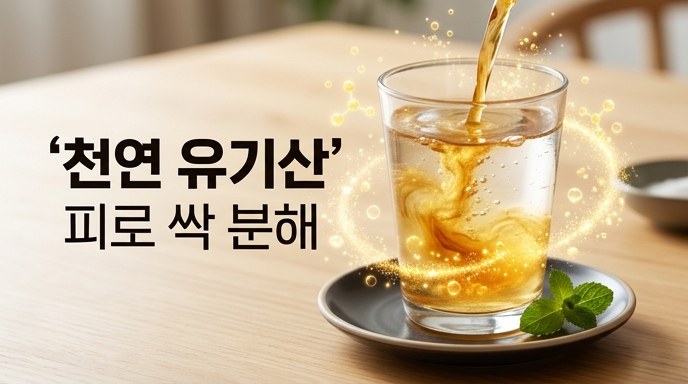 유리컵에 식초가 따라지며 천연 유기산의 분자 모양들이 유리잔 옆으로 보여짐. 텍스트는 천연 유기산 피로 싹 분해라는 텍스트가 적혀있음.