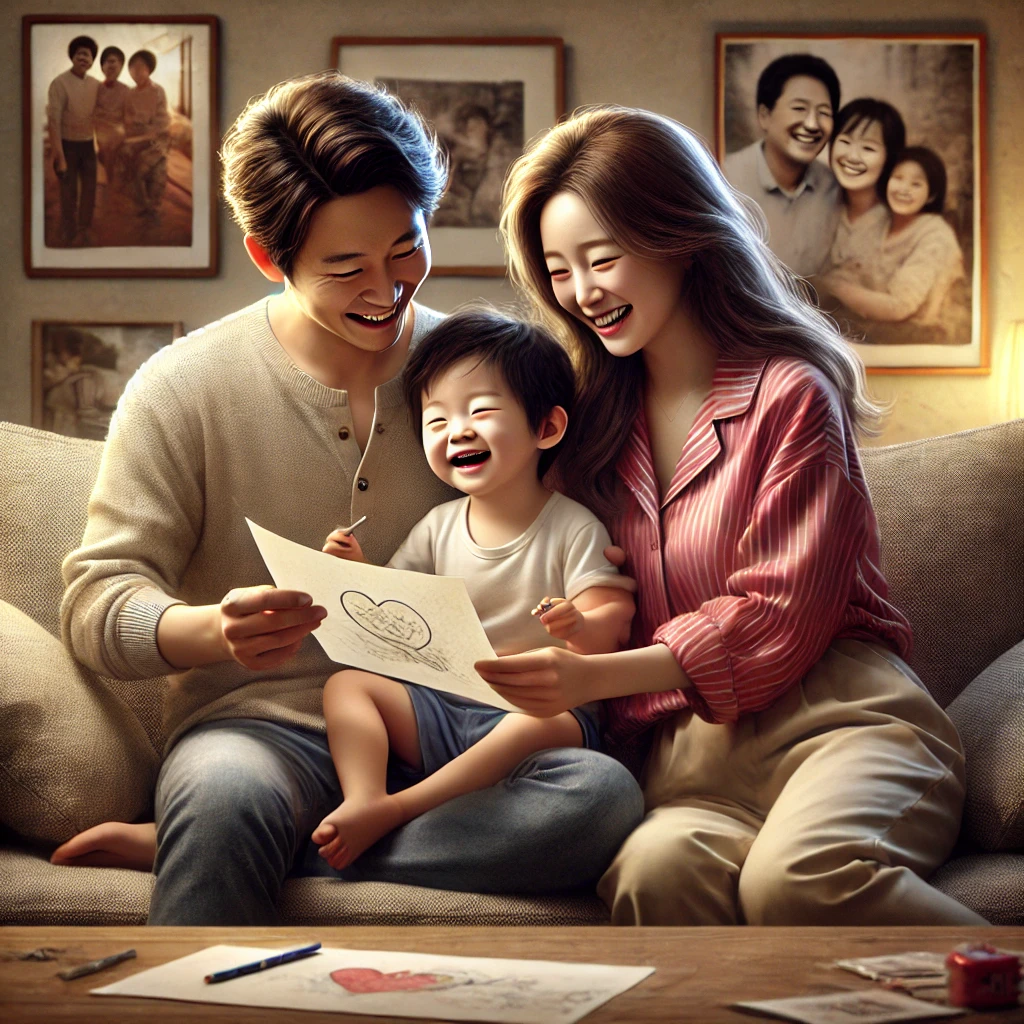 부모가 아이를 포근히 안아주며 사랑과 자부심을 전하는 모습이 담겨 있습니다.