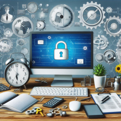 책상 위의 다양한 도구들과 보안 시스템 화면.