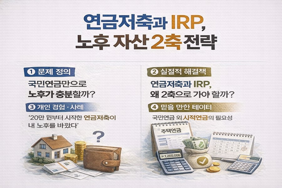 연금저축과 IRP를 중심으로 국민연금 외 사적연금의 필요성과 노후 자산 2축 전략을 정리한 은퇴 준비 인포그래픽입니다.