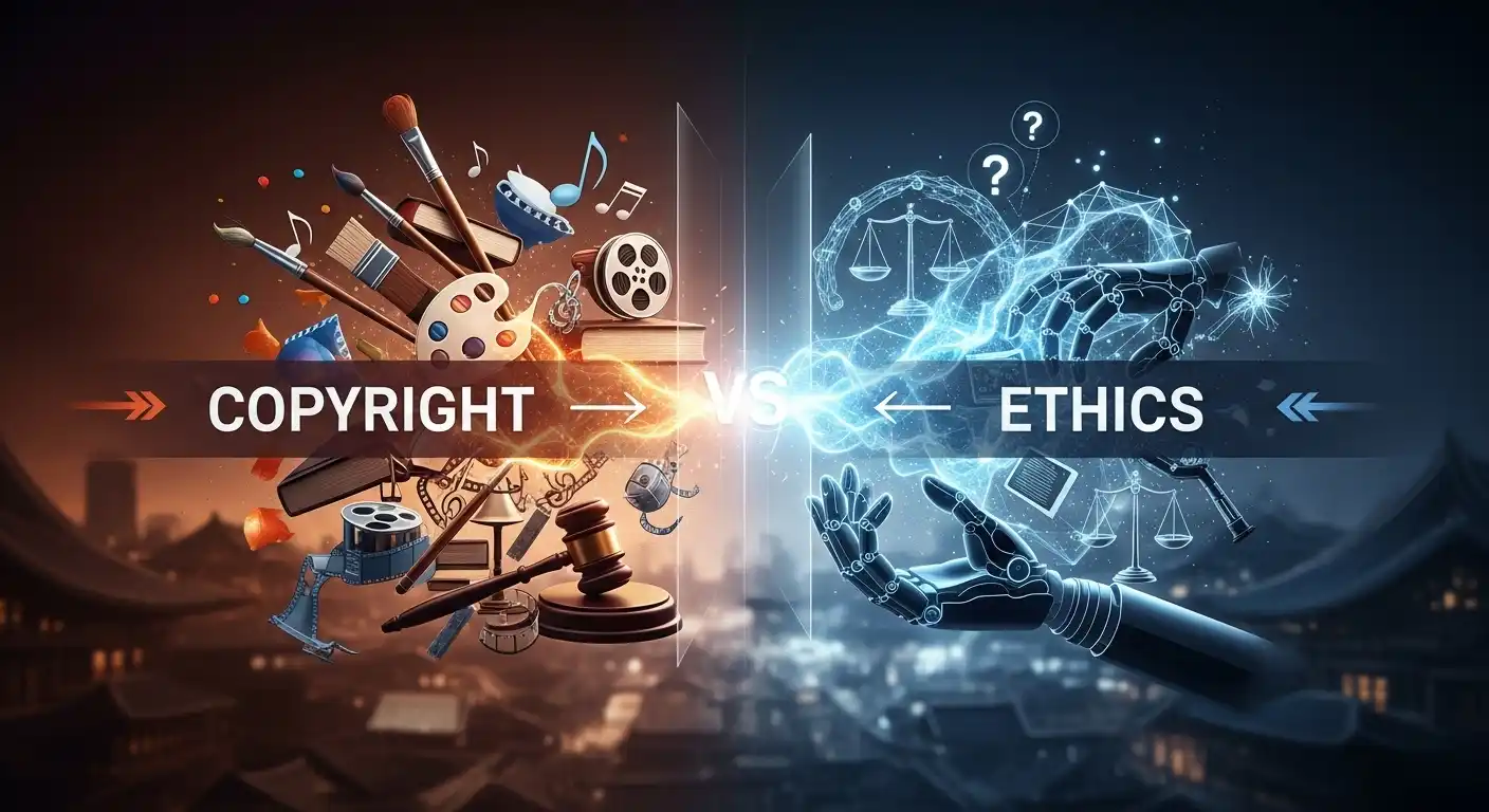 <img src="ai_art_ethics_copyright.webp" alt="AI가 창작한 예술 작품을 중심으로 인간과 전문가들이 저작권과 윤리 문제를 토론하는 장면을 표현한 이미지입니다">