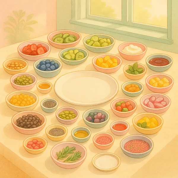 파스텔톤의 햇살과 색채가 창의성과 개별성을 상징하는 정물 일러스트