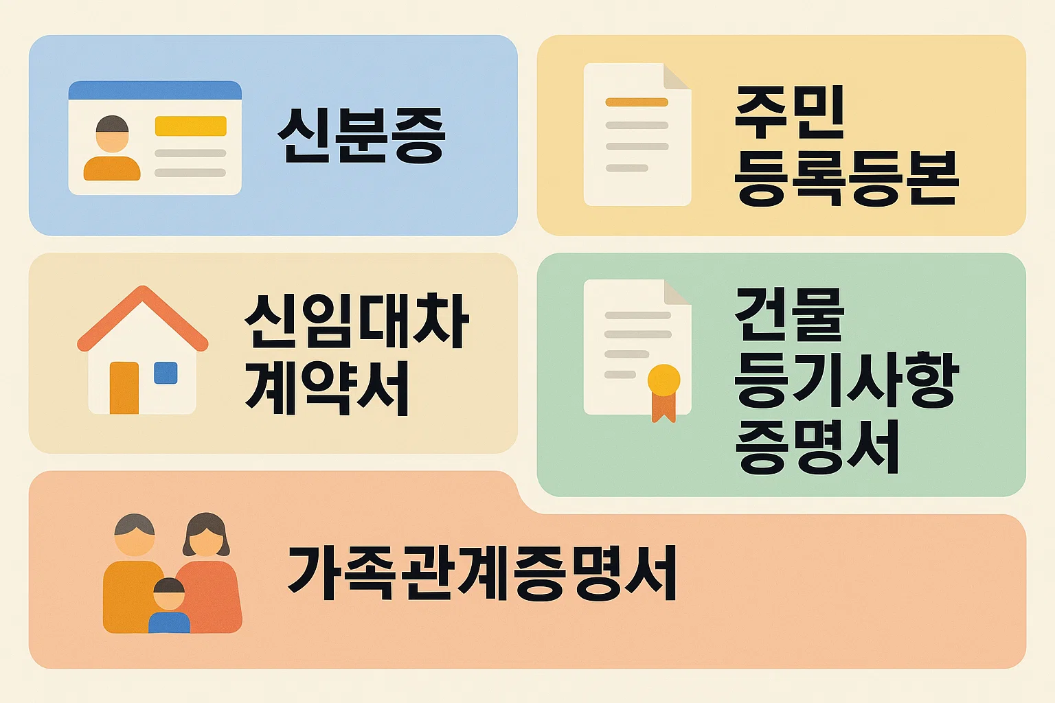 신분증, 주민등록등본, 신임대차계약서, 건물 등기사항증명서, 가족관계증명서 등 버팀목 전세자금대출 목적물 변경 시 제출해야 할 서류를 항목별로 안내한 인포그래픽.