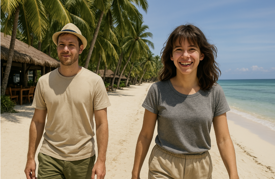 "세부 보홀의 해변가를 밝은 얼굴로 걸어가는 남녀. 여성은 어린 시절 소피 마르소를 닮은 환한 미소를 띠고 있으며, 푸른 야자수 나무와 해변가 음식점이 어우러진 풍경 속에서 하얀 모래 해변과 푸른 바다가 시원하게 펼쳐져 있다."