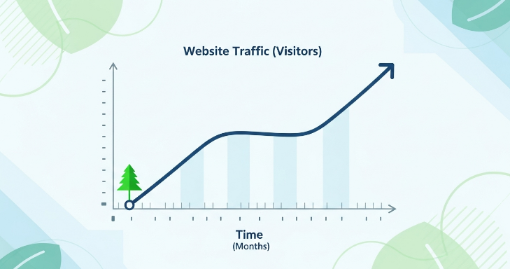 꾸준한 웹사이트 트래픽 증가를 보여주는 상향 그래프와 에버그린 콘텐츠의 지속적인 가치.