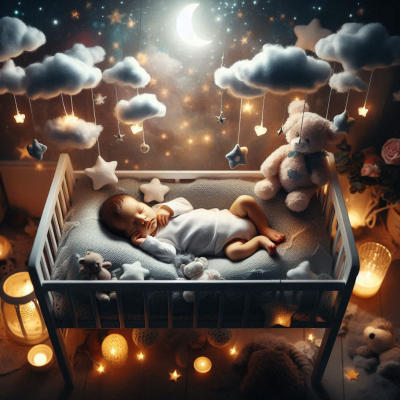 아기 침대에 편안히 자고 있는 아기, 구름과 별들이 따뜻한 느낌을 준다.