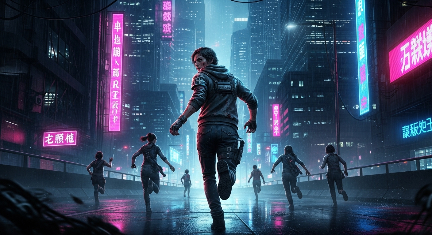 2025년 공개된 SF 스릴러 드라마 '더 러닝 맨'의 주요 인물들이 미래 도시의 어두운 밤거리를 힘겹게 달리고 있는 모습. 역동적인 구도로 드라마의 긴장감 넘치는 분위기를 표현합니다.