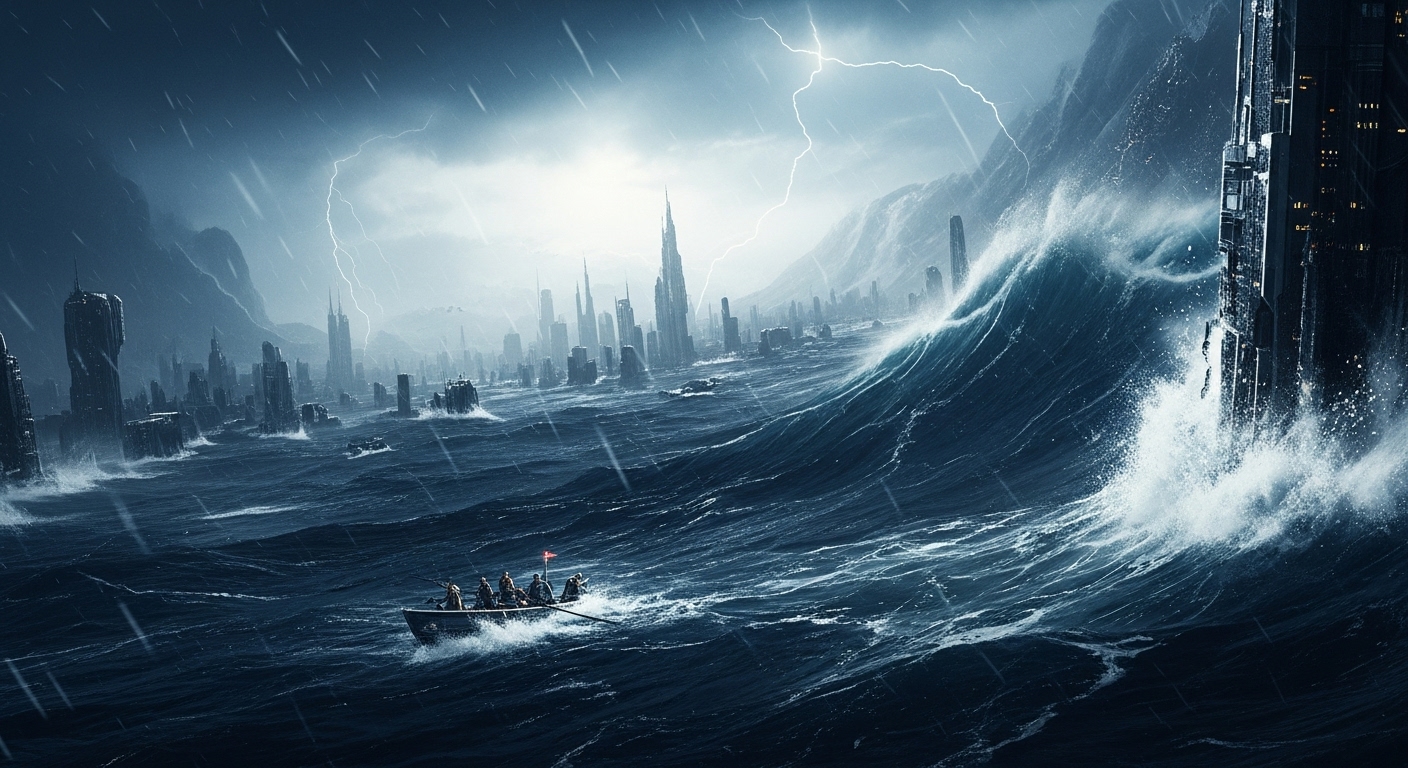 거대한 홍수에 잠긴 미래 도시와 그 속에서 고군분투하는 생존자들의 모습, 한국 SF 재난 영화 대홍수를 상징하는 이미지