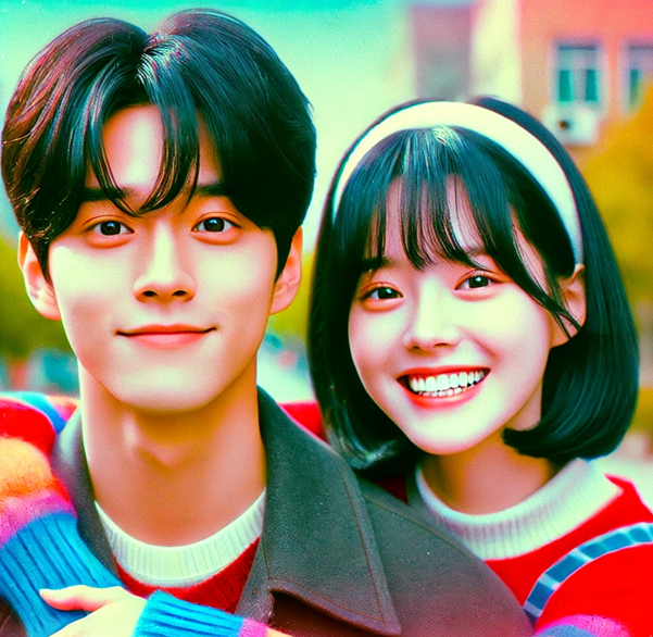 한국 드라마. 젊은 남녀 주인공이 행복한 미소를 가득 날리고 있다.