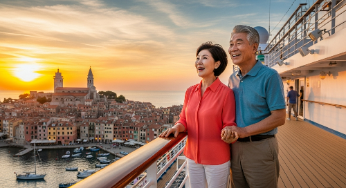 유럽 해안 마을을 배경으로 크루즈 선상에서 석양을 바라보며 손을 잡고 행복해하는 한국인 노부부의 모습.