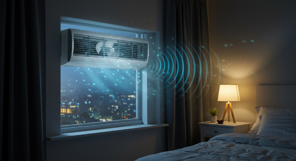 2025년형 저소음 창문형 에어컨이 설치된 조용한 침실 풍경.