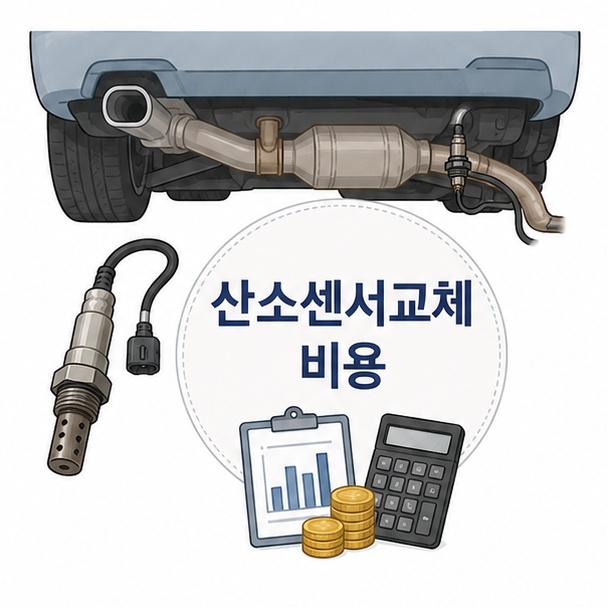 자동차 배기라인에 장착된 산소센서와 교체 비용을 확인하는 모습을 보여주는 그림