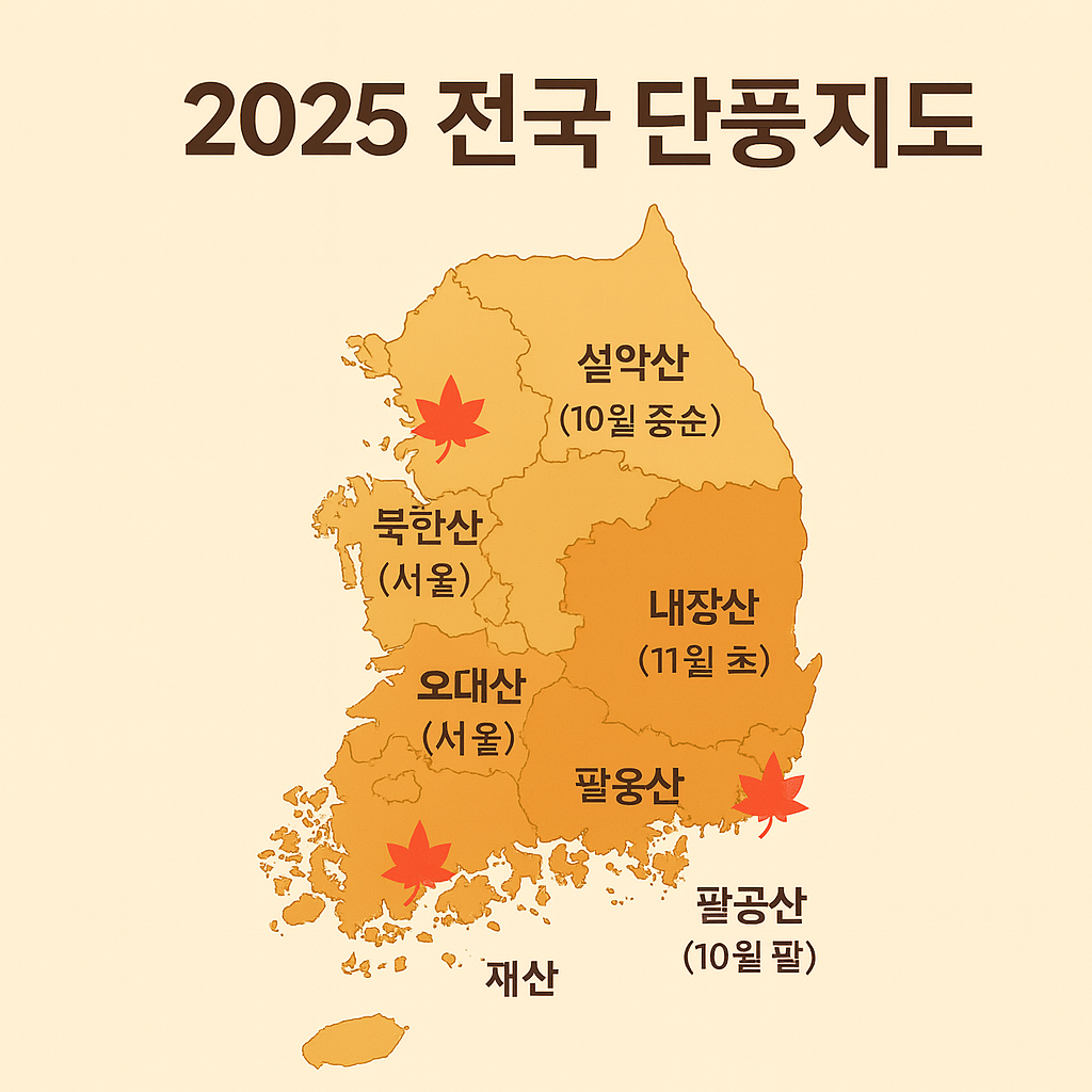alt=&quot;2025 전국 단풍지도 - 설악산, 북한산, 오대산, 내장산, 팔공산, 재산의 단풍 절정 시기를 표시한 지도&quot;