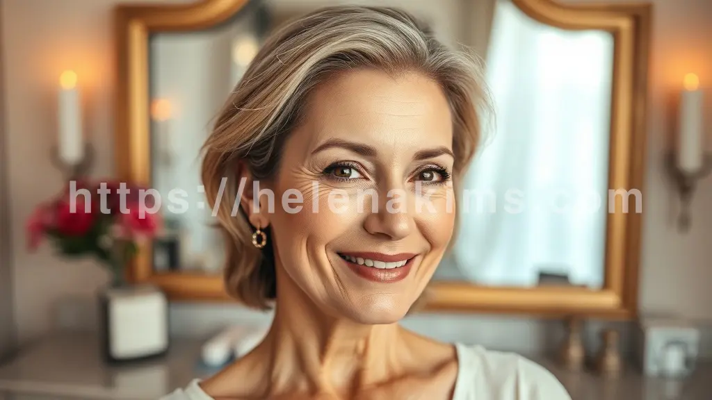 온화하게 미소 짓는 50대 여성, 부드럽고 매끄러워진 이마와 눈가, 그리고 편안해 보이는 미간이 강조, 주름 개선 후 찾아온 만족감과 자신감이 표정에서 느껴지도록 표현한 이미지.