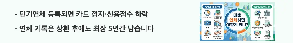 대출 연체: &rdquo;단기연체 등록되면 카드 정지&middot;신용점수 하락, 연체 기록은 상환 후에도 최장 5년간 남습니다"라는 문구가 포함된 웹배너 이미지. 이 이미지는 단기연체 등록 시 카드 정지와 신용점수 하락이 발생하고 기록이 장기간 보존된다는 핵심 정보를 시각적으로 전달하며, 블로그의 대출 연체 신용정보 등록과 관련된 내용을 설명함
