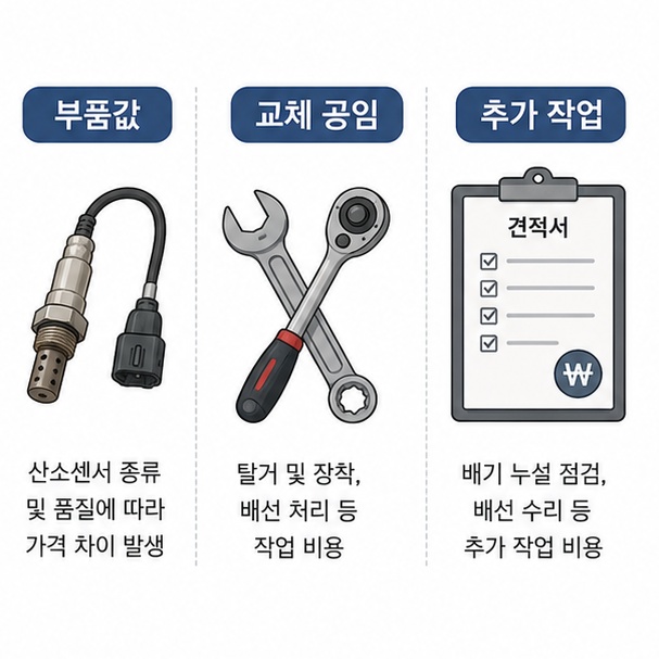 산소센서 교체 비용이 부품값과 교체 공임, 추가 작업비로 구성되는 모습을 보여주는 그림