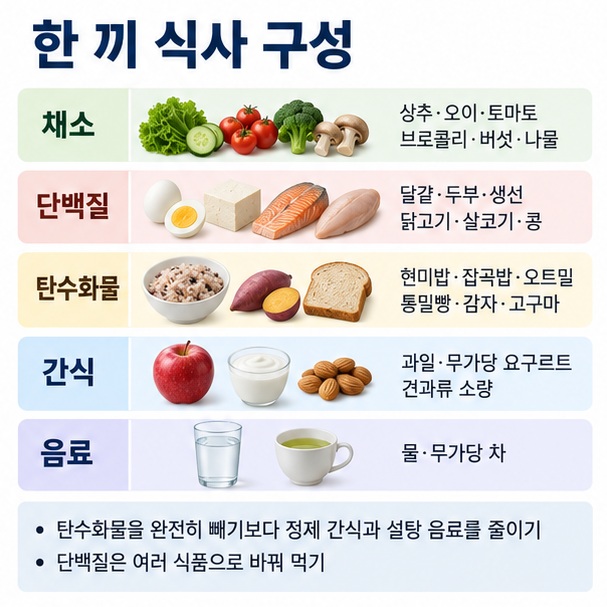 채소 단백질 탄수화물 간식 음료로 한 끼 다이어트 식단을 구성하는 방법을 보여주는 이미지