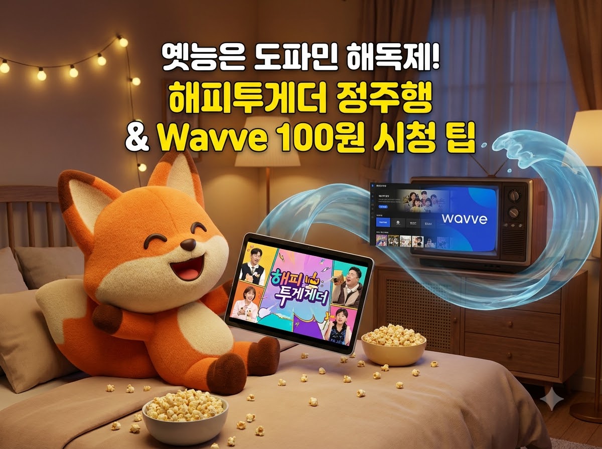 도파민 피로를 날려줄 해피투게더 레전드 회차 추천과 웨이브 한 달 무료 시청 꿀팁을 소개하는 블로그 썸네일 이미지