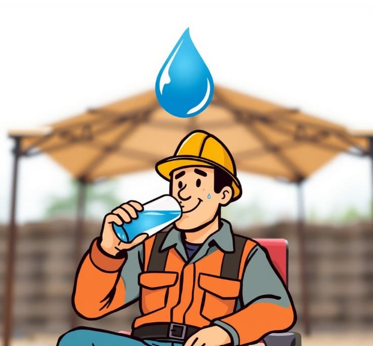 열사병 예방을 위해 작업자가 그늘에서 물을 마시고 있습니다.