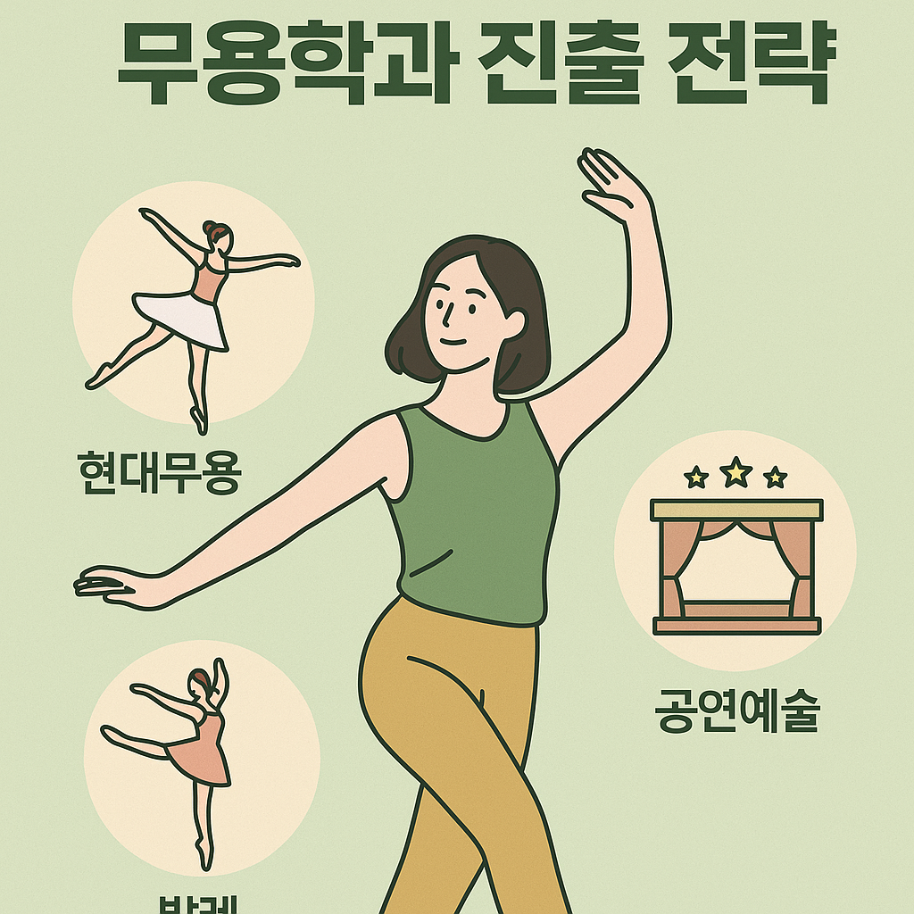 무용학과 진출 전략 포스터로, 현대무용, 발레, 공연예술 분야를 중심으로 춤추는 여성과 함께 구성된 파스텔 컬러 일러스트