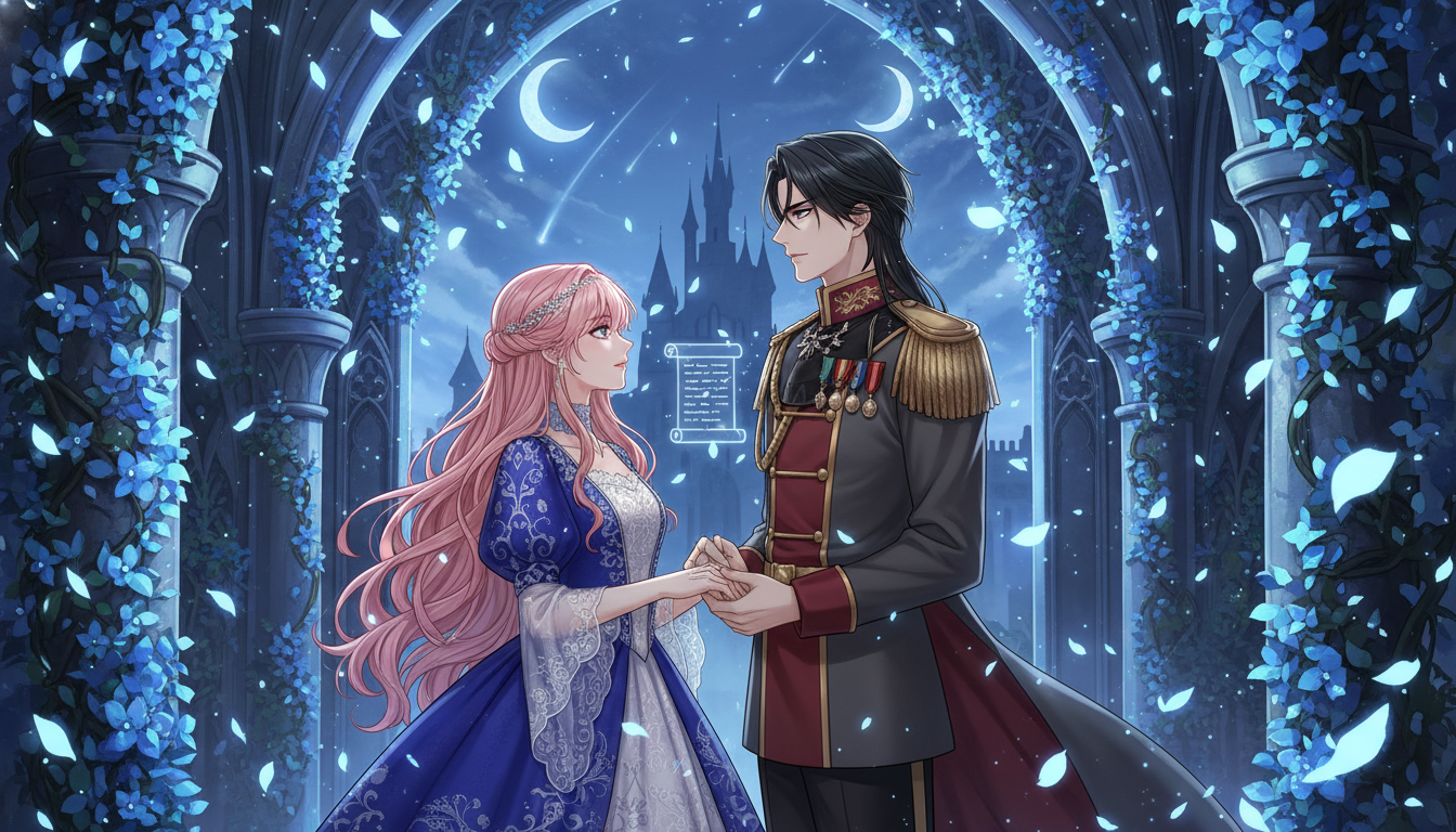 드라마 세이렌의 주인공 아리아와 로이드가 몽환적인 배경 속에 서 있는 모습, 로맨스 판타지 분위기